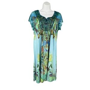 One‎ World Butterfly Print Embellished Neckline Dress Turquoise Size L Bohemian